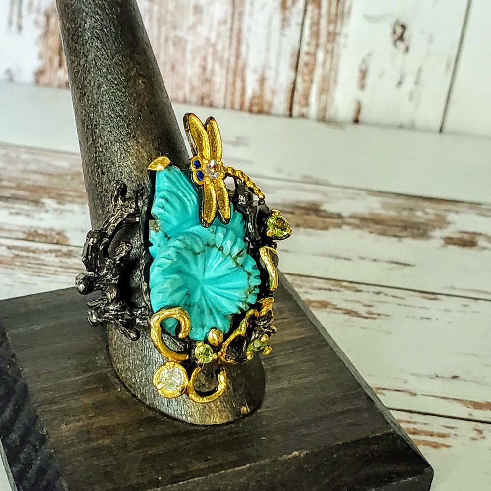 Strerling & 14 kt Dragonfly Turquoise Ring - Picture 7 of 7